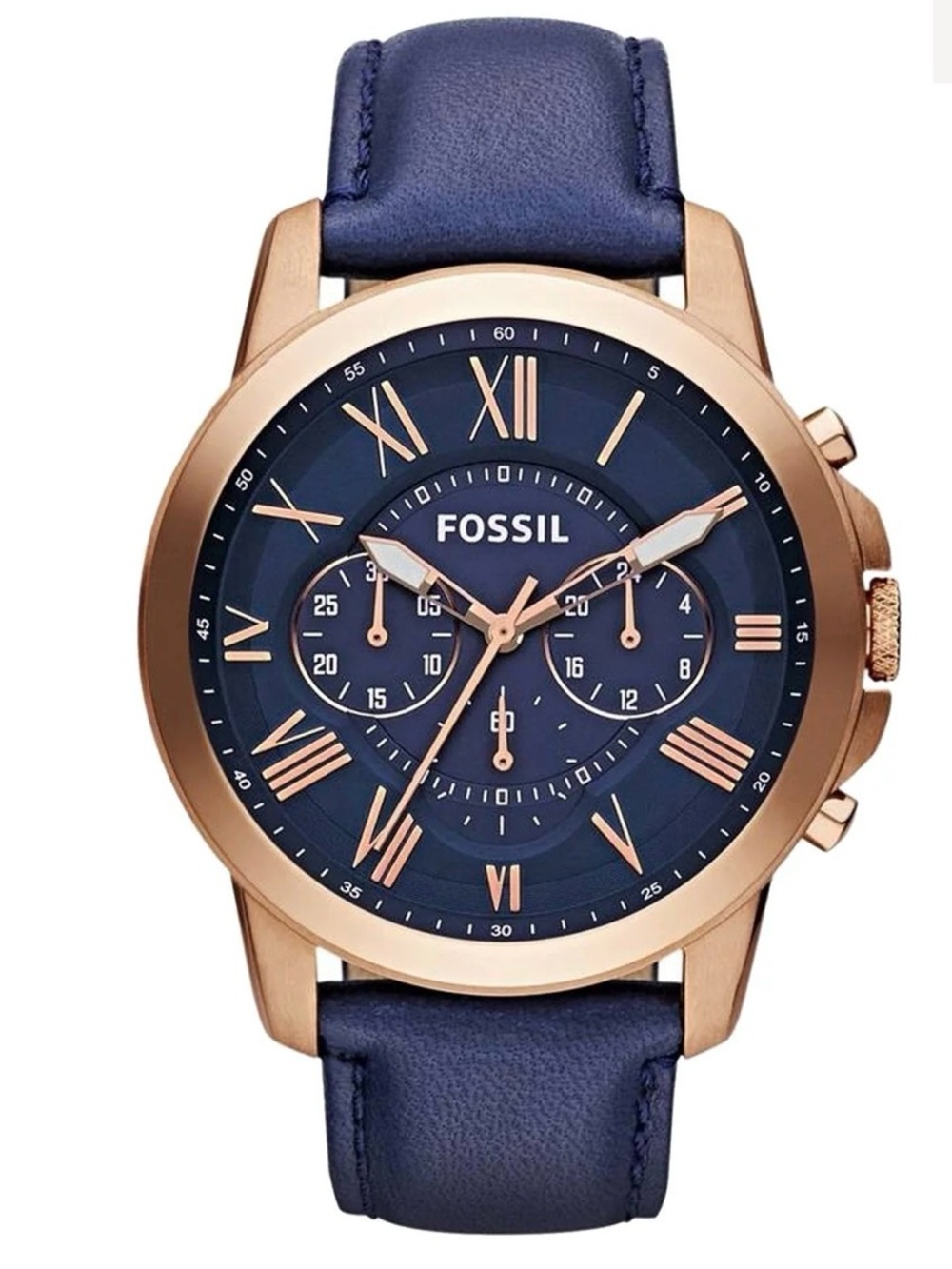 Fossil Blue Leather Strap Chronograph Watch with Rose Gold-Tone Case Mens Watch